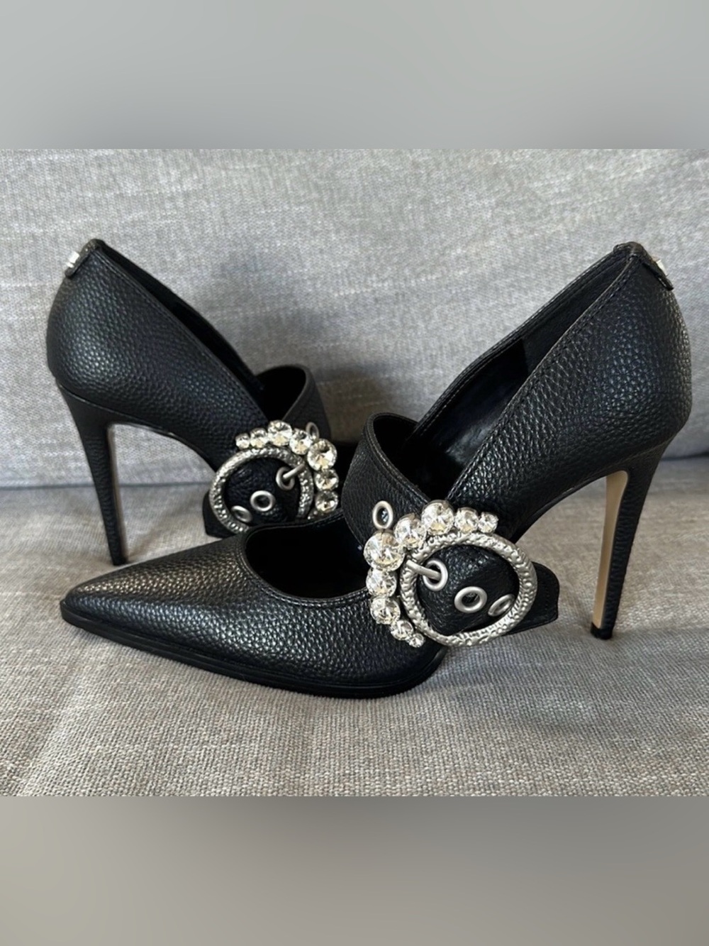 💎KARL LAGERFELD BLACK PARIS CAELA
RHINESTONES CRYSTALS BUCKLE HEELS SZ 8.5/39💎